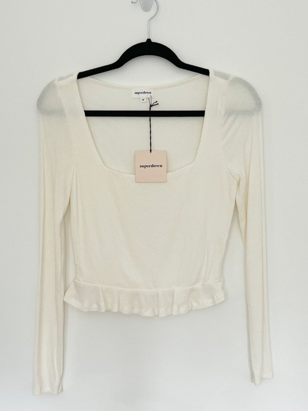 Superdown Ribbed Square Neck Peplum Long Sleeve Crop Top Ivory NWT